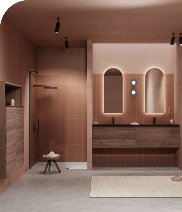 Warme badkamer met terracotta tegels, houten wastafelmeubel en zwarte inloopdouche.